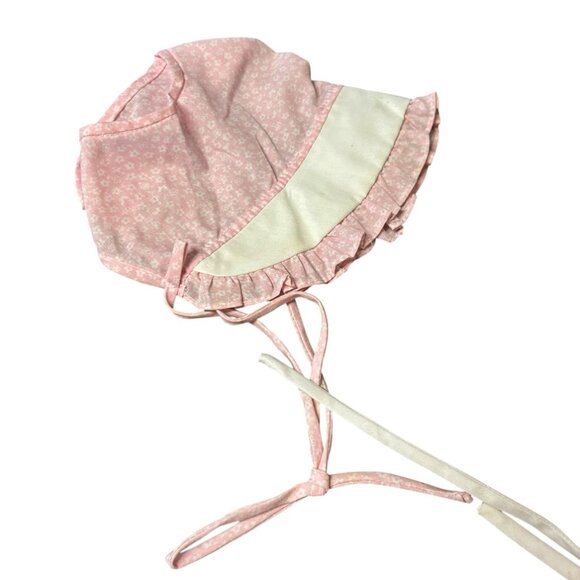 Vintage Handmade Pink Floral & White Blue Trim Baby Bonnet Cap Hat Lot of 2 - Picture 3 of 6